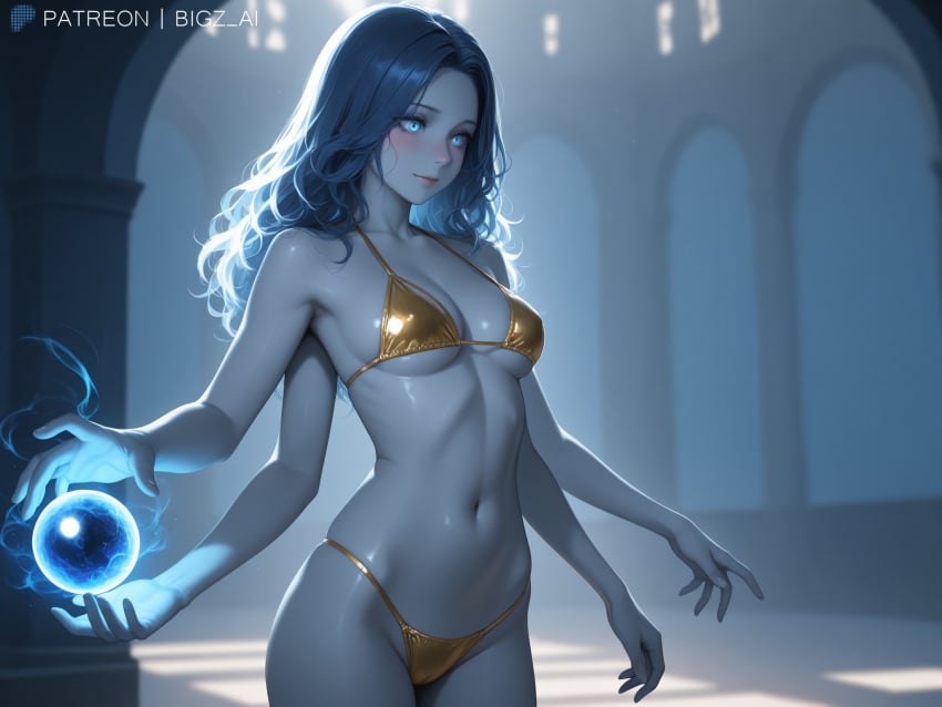 1girls 4_arms ai_generated alternate_costume artist_name belly big_breasts bigz_ai bikini blue_body blue_eyes blue_hair blue_skin bra elden_ring female female_only glowing_eyes glowing_hair golden_bikini holding_object light-skinned_female long_hair magic magic_circle medium_breasts orb panties patreon_username ranni_the_witch witch