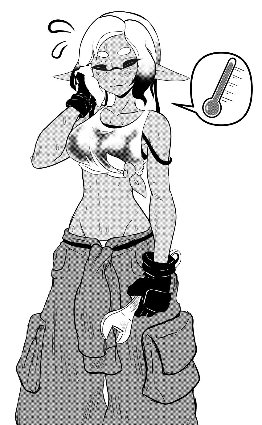 1girls bra_strap bra_strap_down bra_strap_slip breasts female female_only inkling inkling_girl mechanic_(splatoon_raiders) moodyrover navel panties_visible splatoon splatoon_(series) splatoon_raiders sweat sweater_around_waist twitter_link