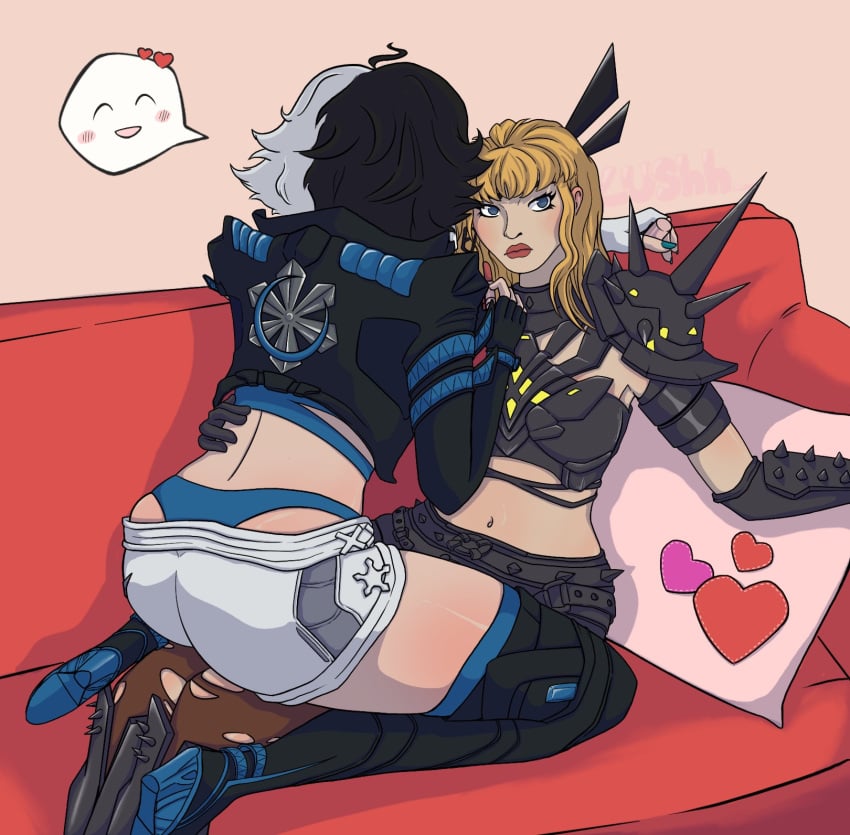 :) armored_female blue_eyes blue_fingernails caught_in_the_act clothed_female_clothed_female colored_hair couch embrace female female_on_top female_only hand_on_back hand_on_breast hearts incoming_sex intimate leather_jacket looking_at_viewer luna_snow luna_snow_(marvel_rivals) magik_(illyana_rasputin) magik_(marvel_rivals) marvel marvel_comics marvel_rivals miniskirt panties pilow red_lipstick ripped_pants sitting_on_legs sitting_on_partner undressing yuri