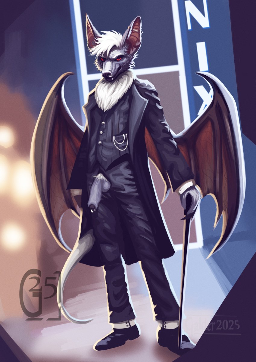 anthro back_wings balls bat bat_wings black_body black_fur black_tie_(suit) cane clothing dress_pants dress_shoes ear_piercing facial_piercing fangs flaccid foreskin fur galder genital_piercing genitals head_tuft hi_res humanoid_genitalia humanoid_penis male mammal megabat membrane_(anatomy) membranous_wings neck_tuft nix_(dez_sabertooth) nose_piercing penis penis_piercing penis_poking_out piercing prince_albert_piercing pubes red_eyes solo suit tail teeth through_clothing tuft uncircumcised white_tail wings