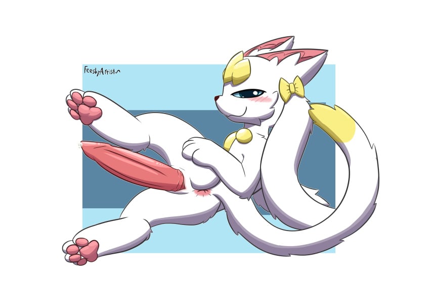 absurd_res animal_genitalia anthro anus blush bodily_fluids feeshyartist felid feline femboy genital_fluids genital_slit genitals hi_res male mammal penis philikkahn precum precum_on_penis presenting presenting_anus presenting_penis rear_view remikyuki_(km-15) smug smug_grin solo