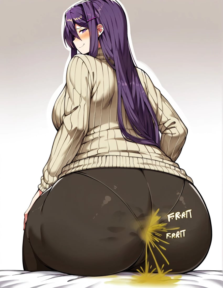 1girls ai_generated ass_focus big_ass doki_doki_literature_club fart female leggings long_purple_hair looking_at_viewer sitting_down smile sweater turtleneck yuri_(doki_doki_literature_club)