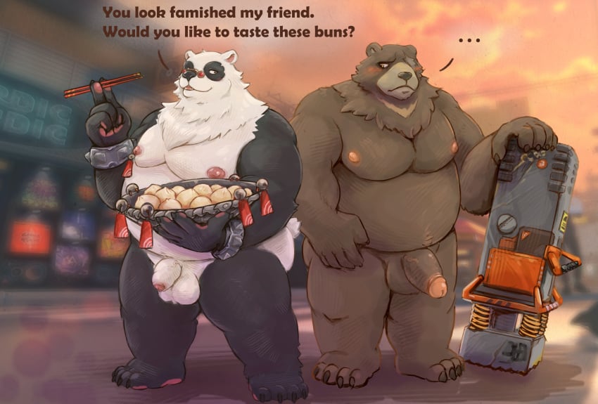 2025 absurd_res anthro bear belly ben_bigger black_body black_fur blurred_background blush bracelet_only brown_body brown_fur chopsticks city detailed_background dialogue dumplings duo english_text eye_scar eyewear facial_scar flaccid food fur galrock genitals giant_panda glasses half-erect hi_res holding_food holding_object humanoid_genitalia humanoid_penis looking_at_another male male/male mammal mihoyo moobs multicolored_body multicolored_fur nipples nude overweight overweight_male pan_yin_hu penis scar suggestive_dialogue text thiren two_tone_body two_tone_fur weapon white_body white_fur zenless_zone_zero