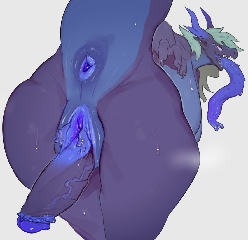 anthro anus ass bodily_fluids dragon erection futanari genitals hair herm hi_res horn intersex mythological_creature mythological_scalie mythology nude penetration penis pussy scalie simple_background solo solterv tail thick_thighs tongue