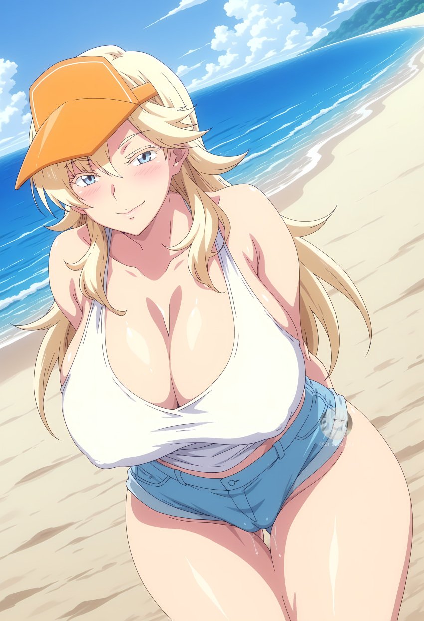1girls ai_generated arisato_yu beach blonde_hair blush character_request copyright_request female hands_behind_back jpg long_hair looking_at_viewer nipple_bulge nudist_beach_ni_shuugakuryokou_de!!_the_animation shorts smiling_at_viewer t-shirt tagme twitter_link