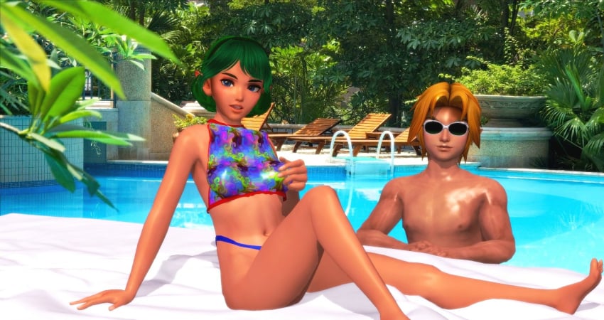 1boy1girl 3d bikini blonde_hair dabnis-sinbad female green_hair link male saria sunglasses swimsuit the_legend_of_zelda:_ocarina_of_time xnalara