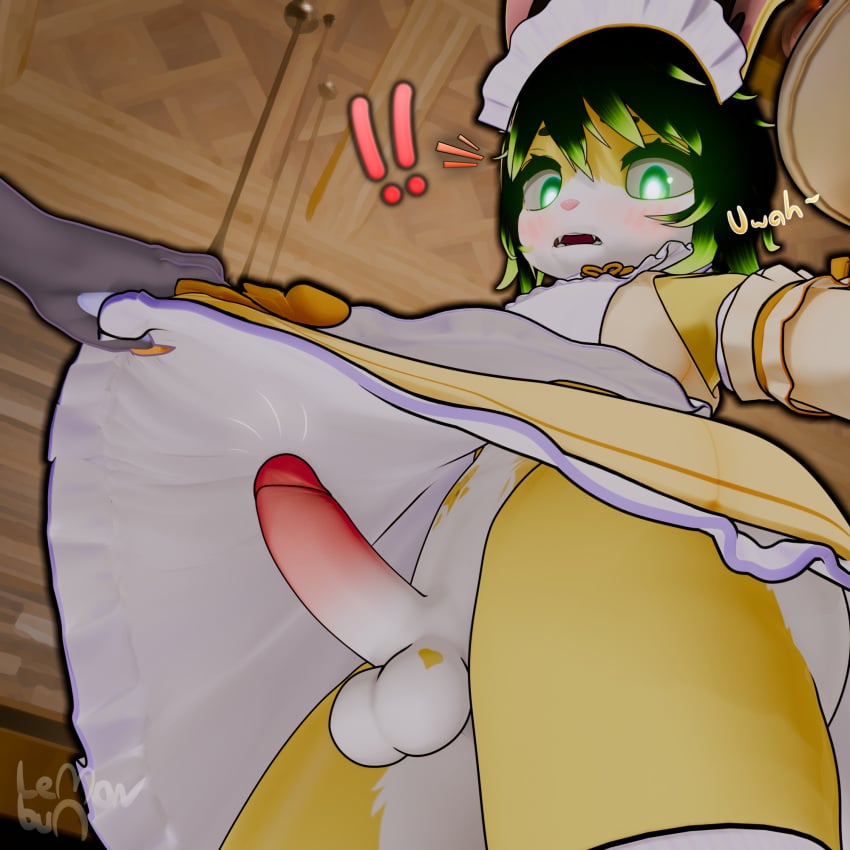 1:1 2025 3d anthro armwear balls blender_(artwork) blender_eevee blush bottomless bottomless_male bow_ribbon cafe clothed clothing clothing_lift cute_fangs digital_media_(artwork) dress dress_lift duo embarrassed erection exclamation_point fangs femboy frilly frilly_clothing fur genitals glowing glowing_eyes green_eyes hair headgear headwear heart_(marking) hi_res holding_object humanoid_genitalia humanoid_penis inside lagomorph legwear lemonbun leporid lexxi_(lemonbun) looking_down low-angle_view maid_uniform male mammal markings multicolored_body multicolored_fur open_mouth outline penis pink_penis public public_exposure questionable_consent rabbit standing stockings teeth topwear trans_(lore) trans_woman_(lore) two_tone_body two_tone_fur uniform watermark white_balls white_body white_fur yellow_body yellow_fur yellow_markings