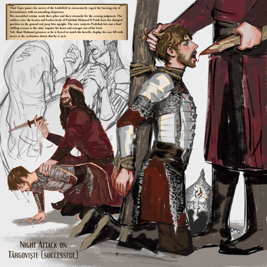 2boys archon_of_flesh armor blood blood_in_mouth bondage broken_rape_victim captured crying facial_hair forced_oral gay guro hair_grab history imminent_death imminent_rape impalement kneeling male mehmed_ii object_insertion ottoman_empire raped_by_enemy romania rope size_difference tied_up torture twink vlad_the_impaler vomiting_cum yaoi