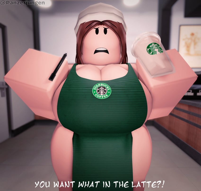 1girls 2025 3d apron_only ass big_breasts breasts breasts_bigger_than_head brown_hair chubby_female cleavage coffee coffee_shop cup curvaceous curvy dialogue english_text fat fat_ass female female_only functionally_nude half_naked huge_ass huge_breasts iced_latte_with_breast_milk inside mature mature_female meme milf naked_apron nude nude_female panzerjungen paula_sommer pen roblox robloxian shocked solo starbucks tagme thick thick_thighs thighs twitter_username voluptuous