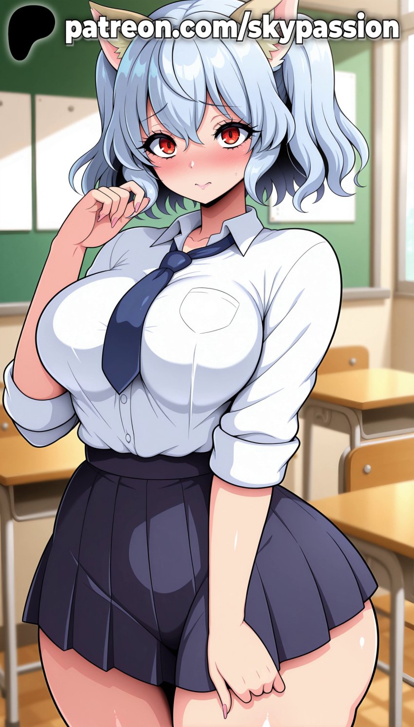 1girls 2025 ai_assisted ai_generated alternate_costume anime artist_name big_breasts big_chest blue_nails blurry blurry_background blush breasts bust busty cat_ears cat_girl chair chalkboard chest classroom clothed_female depth_of_field desk eyebrows_visible_through_hair female female_focus female_only hair_between_eyes hi_res high_quality high_resolution highres hunter_x_hunter indoors large_breasts looking_at_viewer miniskirt nail_polish necktie neferpitou on_desk patreon patreon_username pleated_skirt red_eyes school school_chair school_desk school_uniform shirt sitting sitting_on_desk skirt skypassion solo stable_diffusion table thick_thighs thighs twintails watermark