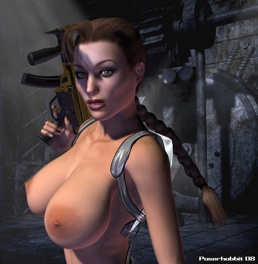 1girls 2008 3d bag breasts casual female female_only firearm gun handgun human lara_croft lara_croft_(classic) large_areolae nipples pale_skin poserhobbit solo submachine_gun tactical_nudity tagme tomb_raider weapon