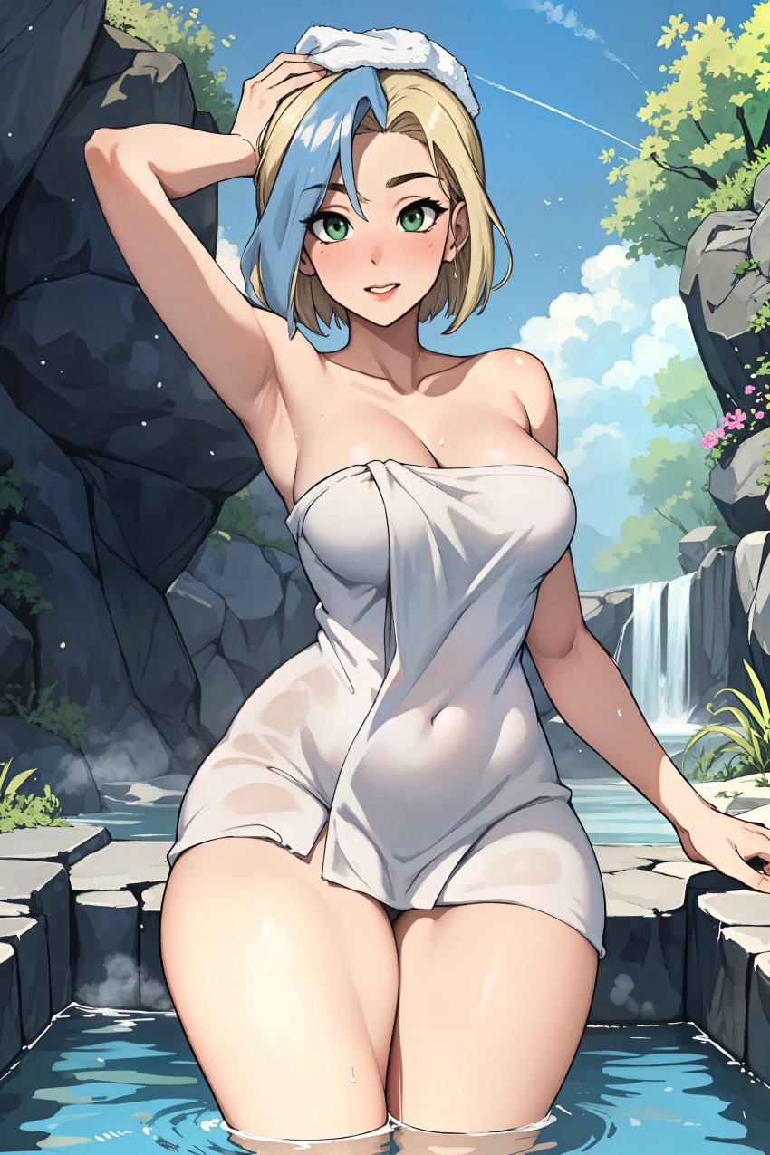 af_draw ai_generated big_breasts big_thighs blonde_hair oc original_character river towel