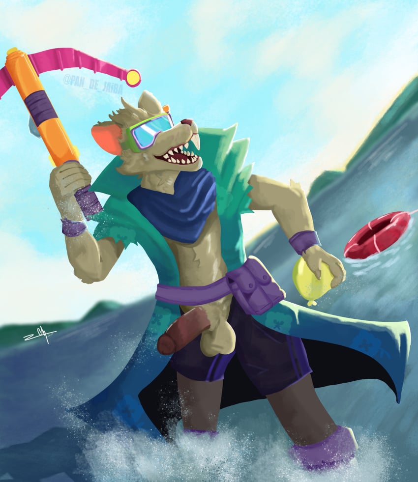 absurd_res aloha_shirt anthro bag balloon beach bottomwear casual_nudity clothed clothing crossbow eyewear genitals goggles hi_res humanoid_genitalia humanoid_penis inflatable jaiba league_of_legends male mammal murid murine open_clothing open_shirt open_topwear pattern_clothing pattern_shirt pattern_topwear penis ranged_weapon rat riot_games rodent shirt shorts snorkel solo teeth tencent topwear toy toy_gun twitch_(lol) water_balloon weapon