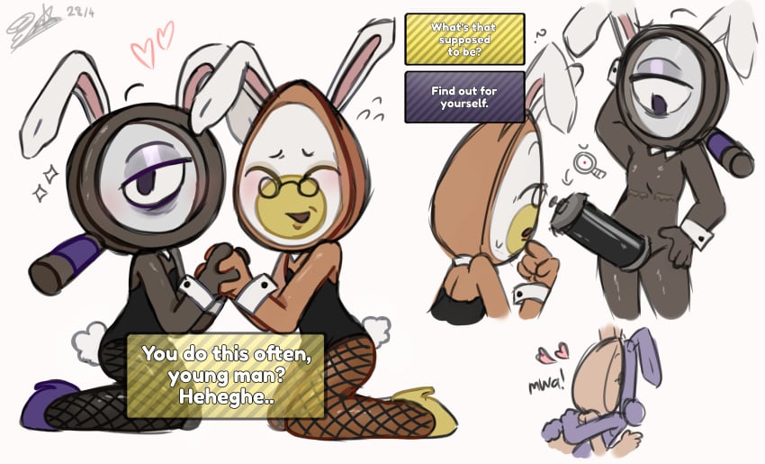 2boys 2guys blush boner bulge_through_clothing bunny_ears bunny_tail bunnysuit capsule dandy's_world dandys_world dialogue eggson_(dandy’s_world) eggson_the_egg_(dandy's_world) fishnet_stockings glossy_skin half-closed_eyes heart heels hidden_penis kissing male naked_male nervous_smile nervous_sweat old_man_yaoi old_men_yaoi question remake rodger_(dandy's_world) trans_man twisted_rodger_(dandy's_world) watermark
