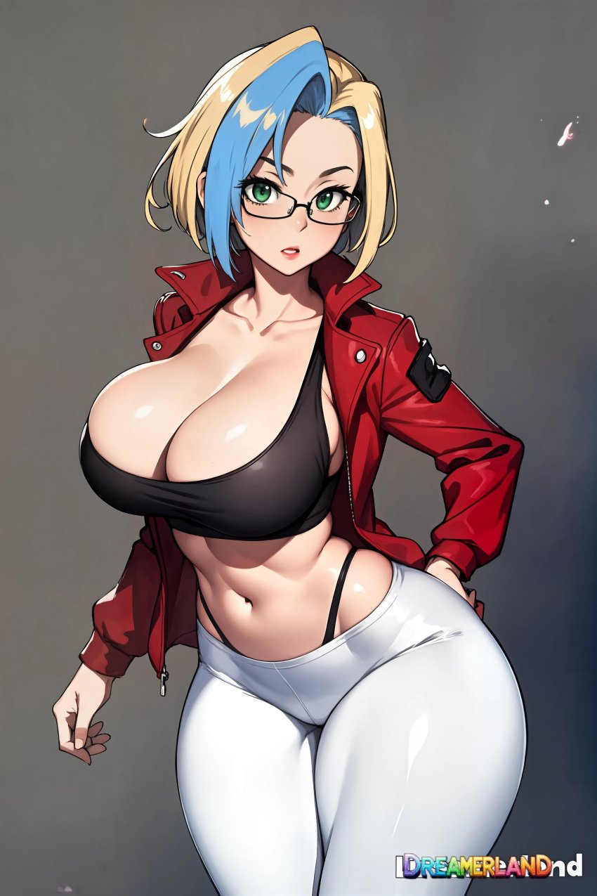 af_draw ai_generated big_breasts big_thighs blonde_hair cute exposed_torso glasses oc original_character red_jacket white_leggings