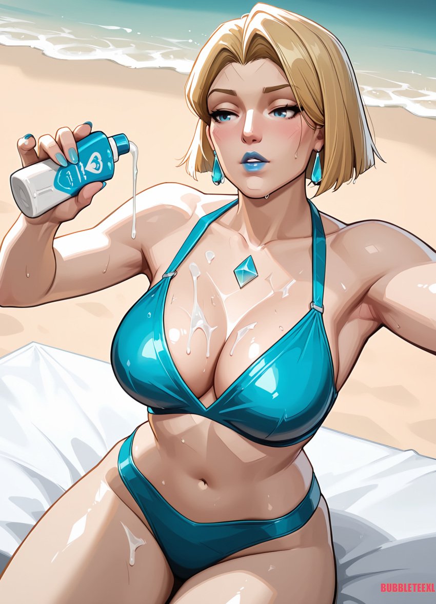 ai_assisted ai_generated bare_legs bare_shoulders bare_thighs beach bikini blonde_female blonde_hair blue_lipstick blue_nails bob_cut caucasian caucasian_female emma_frost emma_frost_(marvel_rivals) female female_focus female_only game marvel marvel_comics marvel_rivals solo_female solo_focus