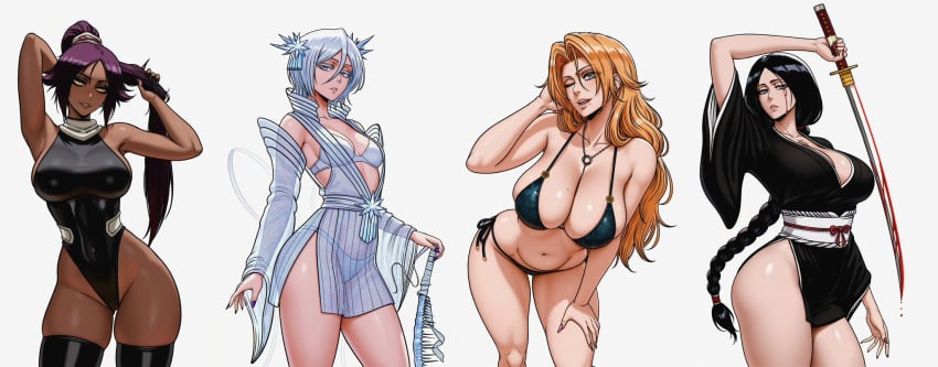 2d 4girls arm_behind_head bare_shoulders beauty_mark big_breasts bikini black_bikini black_hair black_leotard black_thighhighs bleach bleach:_sennen_kessen-hen blood blue_eyes breasts chain_necklace chains cleavage collarbone commentary dark-skinned_female dark_skin english_commentary female female_only hair_ornament hakka_no_togame_(bankai) highleg_leotard highres holding holding_sword holding_weapon japanese_clothes jewelry katana kimono kimono_skirt kuchiki_rukia large_breasts leotard light-skinned_female light_skin long_hair matsumoto_rangiku medium_hair mole_(marking) mole_under_mouth multiple_girls navel necklace one_eye_closed orange_hair ponytail prixmal purple_hair see-through_clothes shihakusho shihouin_yoruichi side-tie_bikini_bottom simple_background skindentation small_breasts sword thighhighs thighs unohana_retsu weapon white_background white_hair wink yellow_eyes zanpakutou