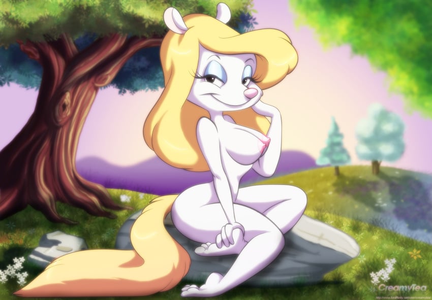 2017 3_toes 4_fingers animaniacs anthro areola biped blonde_hair breasts creamytea detailed_background digital_media_(artwork) eyelashes feet female fingers hair half-closed_eyes hi_res long_hair looking_at_viewer mammal minerva_mink mink mustelid musteline narrowed_eyes nipples nude outside pink_nose sitting small_waist smile solo text toes true_musteline url warner_brothers