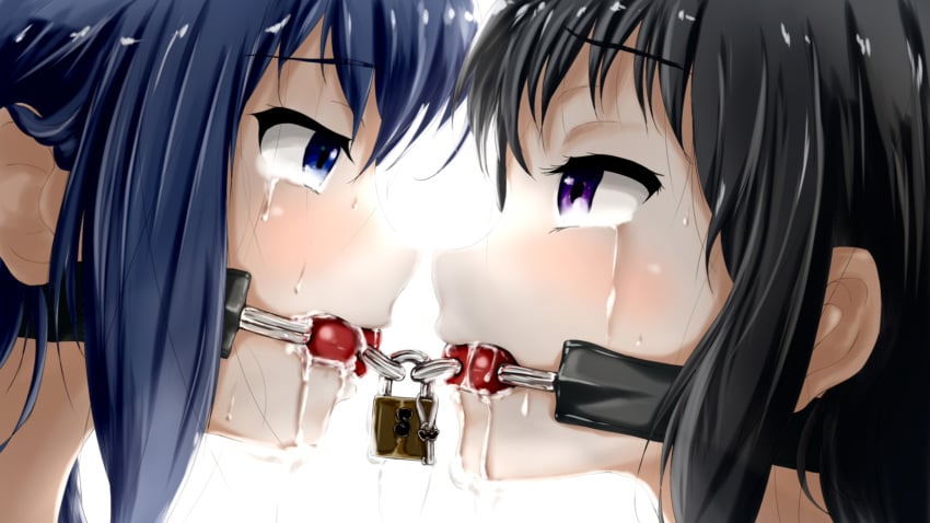 16:9_aspect_ratio 2girls anzai_chika ball_gag black_hair blue_eyes blue_hair blush bondage bondage bound_together close-up crossover crying drooling eye_contact face-to-face female femsub gag gagged hai_to_gensou_no_grimgar hibike!_euphonium high_resolution hiru-kun_no_ami in_profile kousaka_reina linked_gag lock looking_at_another merry_(grimgar) multiple_girls multiple_subs padlock purple_eyes saliva seiyuu_connection shier's_web simple_background streaming_tears sweat tagme tears white_background