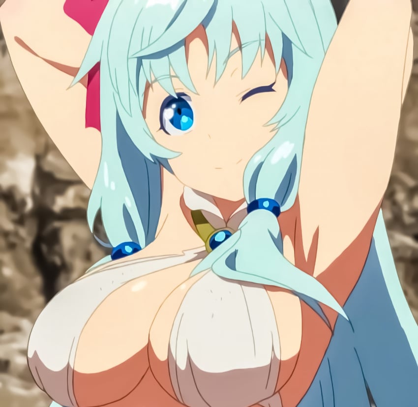 1girls 2019 arifureta_shokugyou_de_sekai_saikyou armpits arms_behind_head asread big_breasts blue_eyes blue_hair breasts bunny_girl busty cleavage confident female female_only hybrid large_breasts long_hair one_eye_closed pose posing screencap sensual sexy_armpits shea_haulia smile solo voluptuous wink