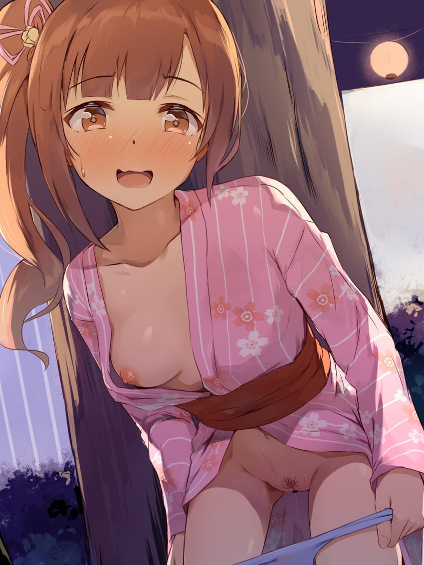 1girls bar_censor blush breasts censor_bar censored female_only idolmaster igarashi_kyouko light-skinned_female nipples no_bra open_mouth open_shirt panties panties_down pantsu panty_pull pointless_censoring pubic_hair pussy pussy_juice seneto skirt_lift small_breasts solo solo_female sweat the_idolm@ster the_idolm@ster_cinderella_girls undressing yukata