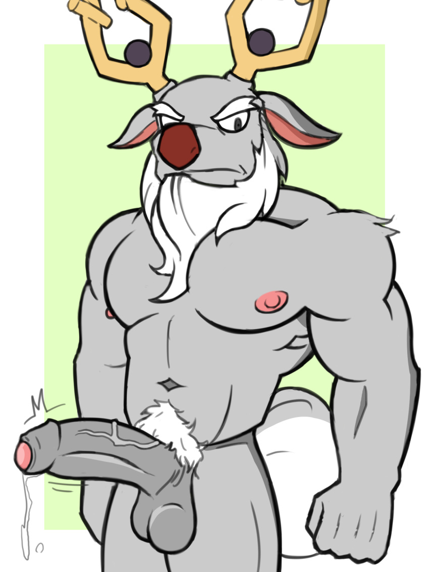 1boy 3:4 anthro antlers balls bara beard biceps big_pecs big_penis bodily_fluids cervid erection facial_hair foreskin genital_fluids genitals glans hi_res horn humanoid_genitalia humanoid_penis looking_at_viewer makidotsukashi male male_only mammal muscular muscular_anthro muscular_male nintendo nipples nude pecs penis pink_glans pokémon_(species) pokemon pokemon_legends:_arceus precum pubes simple_background solo stern throbbing uncut video_games wyrdeer