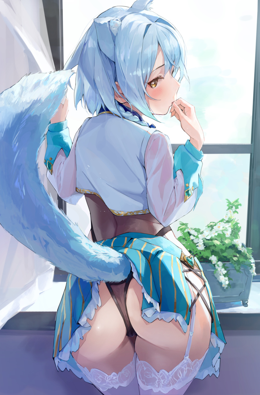 1girls animal_ears aqua_hair ass blue_hair blush female fluffy_tail garter_belt garter_straps kemonomimi looking_at_viewer looking_back musunde_hiraite_(mh5jta) ravi_(pride_of_eden) red:_pride_of_eden short_hair tail thong_leotard white_stockings yellow_eyes young