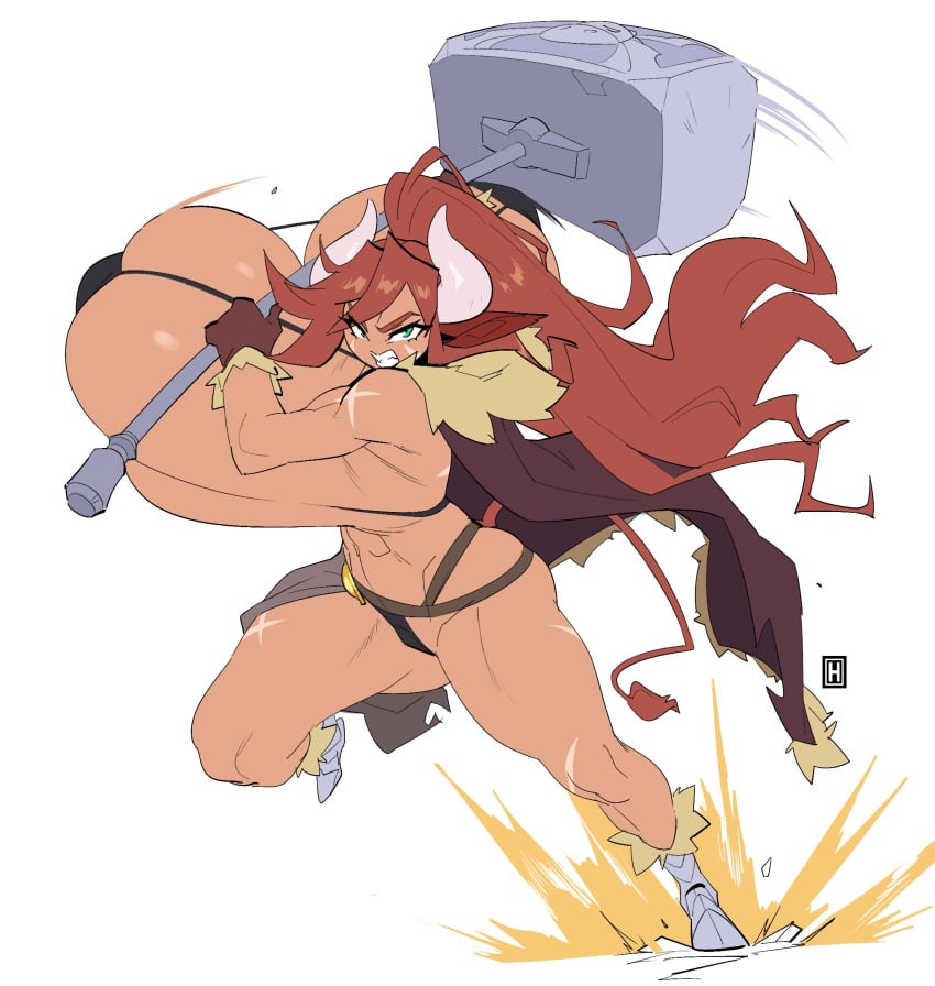 1girls aeryn_(thehelmetguy) attacking_viewer cow_ears cow_girl cow_horns cow_tail female female_only green_eyes hammer hi_res horns huge_breasts humanoid long_hair looking_at_viewer muscular muscular_female red_hair solo solo_female tail teeth_clenched thehelmetguy top_heavy weapon white_background