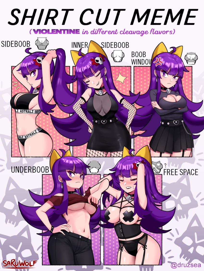 1girls alternate_costume bra breasts closed_eyes crossed_arms ear_piercing female female_only fishnets lipstick long_hair long_purple_hair looking_at_viewer medium_hair meme nipples_visible_through_clothing oc original original_character panties purple_eyes purple_hair sarukaiwolf shirt_cut_meme solo solo_female tape underwear violentine_(sarukaiwolf)