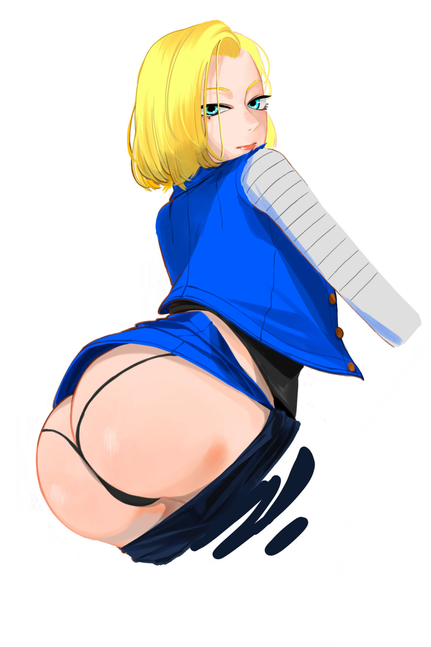 1girls android_18 ass back_view blonde_hair bubble_butt butt_crack dat_ass dragon_ball female female_only looking_at_viewer pants pants_down solo string taihen thong thong_leotard