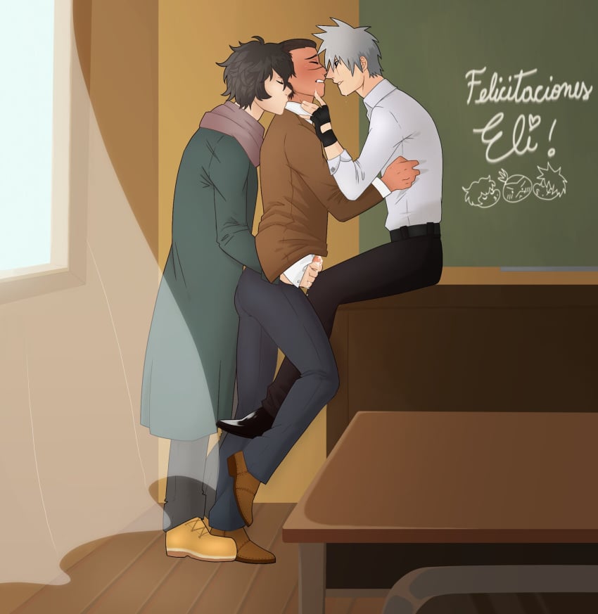 3boys anniemaar brown_hair classroom clenched_teeth climax clone closed_eyes coat cum cumdrip curtains endured_face facial_scar fingerless_gloves gay gloves handjob hatake_kakashi indoors kissing_neck multiple_boys naruto naruto_(series) naruto_shippuden pants penis penis_grab scar shirt shirt_grab shoes short_hair silver_hair standing standing_sex sukea threesome umino_iruka wig window yaoi