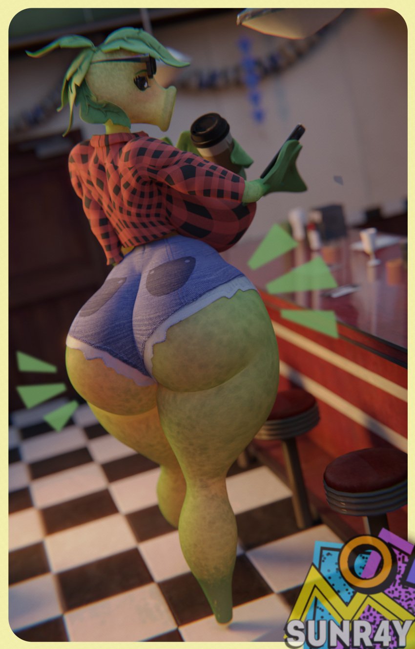 ass ass_focus coffee gigantic_breasts green_skin huge_ass huge_breasts hyper hyper_breasts open_mouth peashooter_(pvz) plaid plant plantie plants_vs_zombies plump_ass shorts smartphone sunr4y sunr4y_w0rksh0p video_games