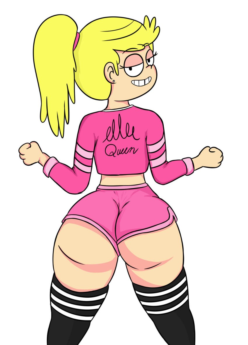 1girls aged_up artist_request ass big_ass black_eyes blonde_hair booty_shorts buruma cute female female_only lola_loud looking_at_viewer looking_back shorts solo source_request sweater tagme text_on_clothing the_loud_house thighhighs tooth_gap