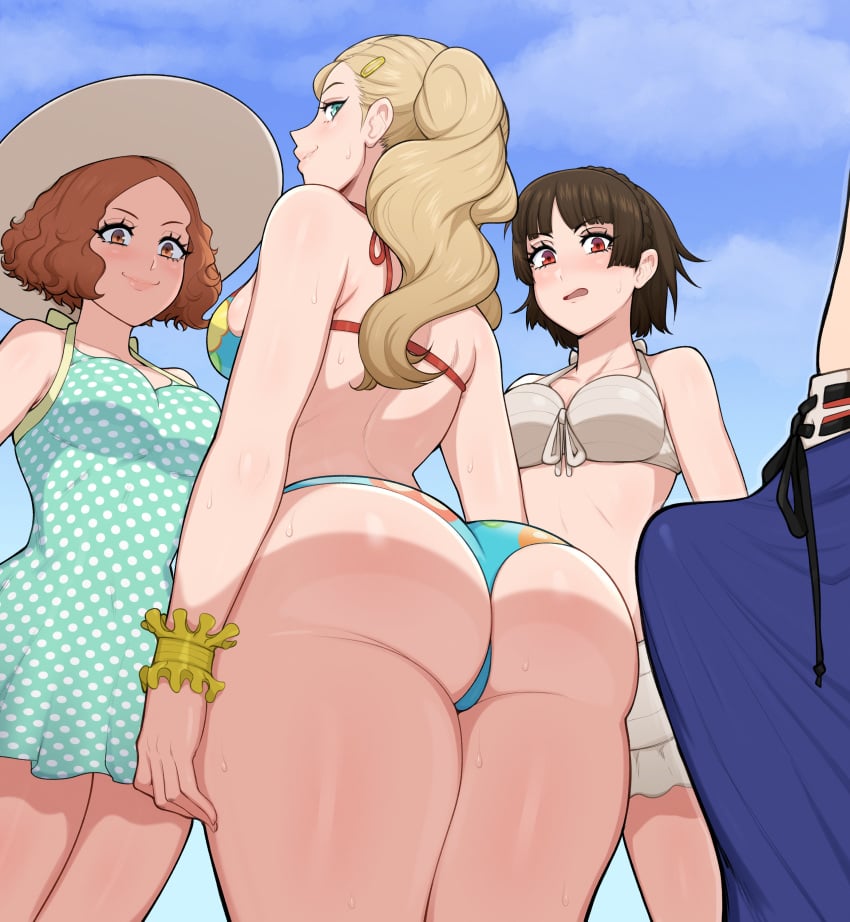 1boy 3girls absurd_res afrobull ann_takamaki ass atlus bikini blonde_hair blush braid brown_hair bulge bulge_through_clothing clothing dress faceless_male female green_eyes hair_ornament haru_okumura hi_res long_hair looking_back makoto_niijima male multiple_girls persona persona_5 platinum_blonde_hair ren_amamiya sega short_hair single_braid smile sundress sweat swimsuit tied_hair twintails underbutt