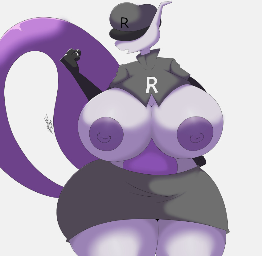 absurd_res anthro areola big_breasts bottomwear breasts clothing eyes_covered female hi_res huge_breasts itisjoidok legendary_pokémon mewtwo multicolored_body nintendo nipples pokemon pokemon_(species) psy_(angelthecatgirl) purple_body simple_background skirt solo team_rocket thick_thighs two_tone_body video_games white_background