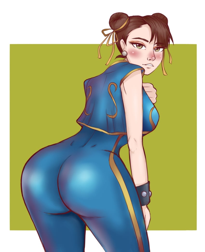 1girls ass big_ass blush bracelet brown_hair chun-li clothed dat_ass earrings female female_only green_eyes hair_buns looking_at_viewer looking_back myavusha skin_tight solo street_fighter tight_clothing tight_pants