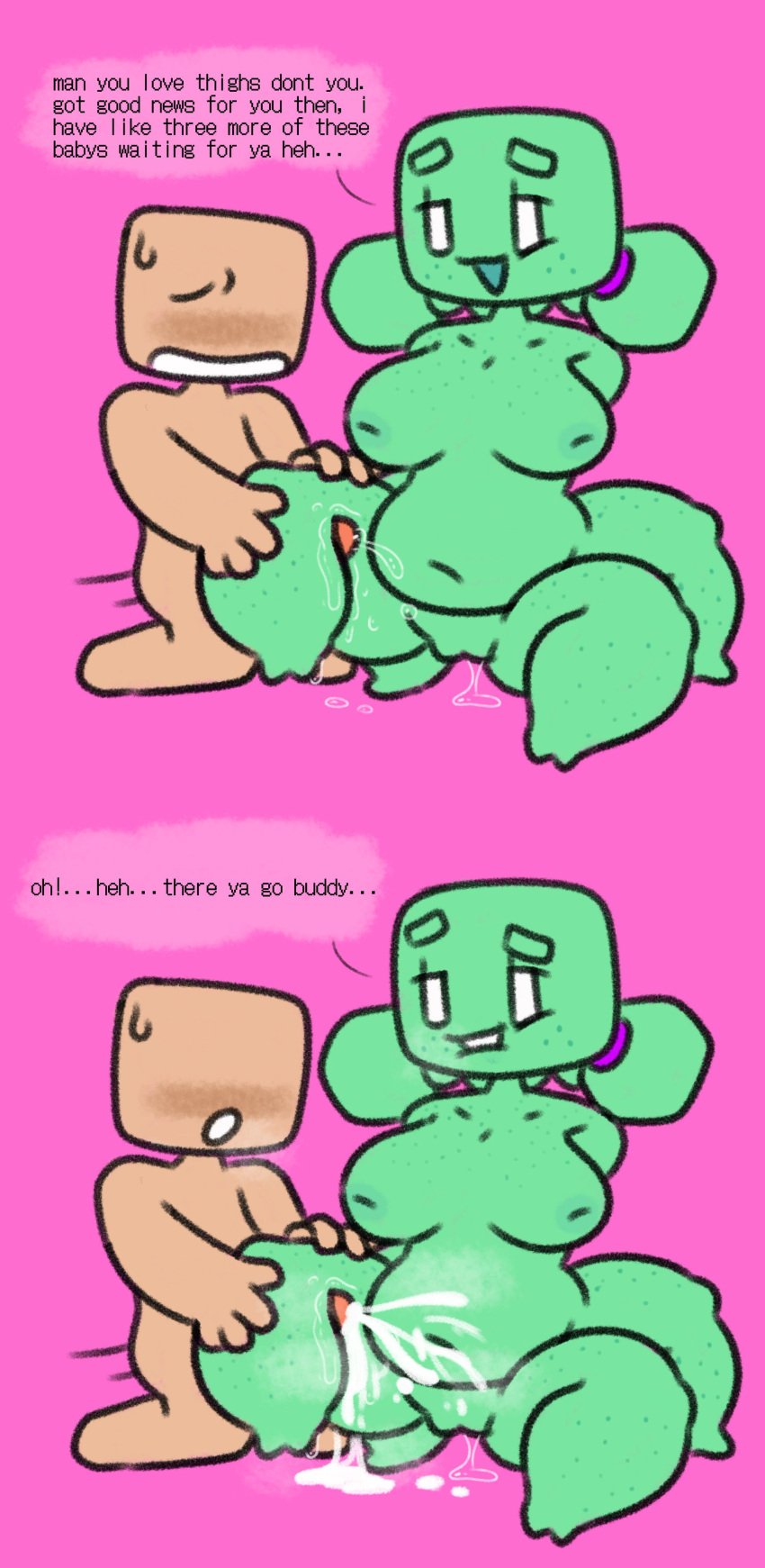 2021 4_legs chubby comic creeper creeper_girl creepette green_skin minecraft no_arms pussy_juice shortstack sleepyslut thigh_sex twintails