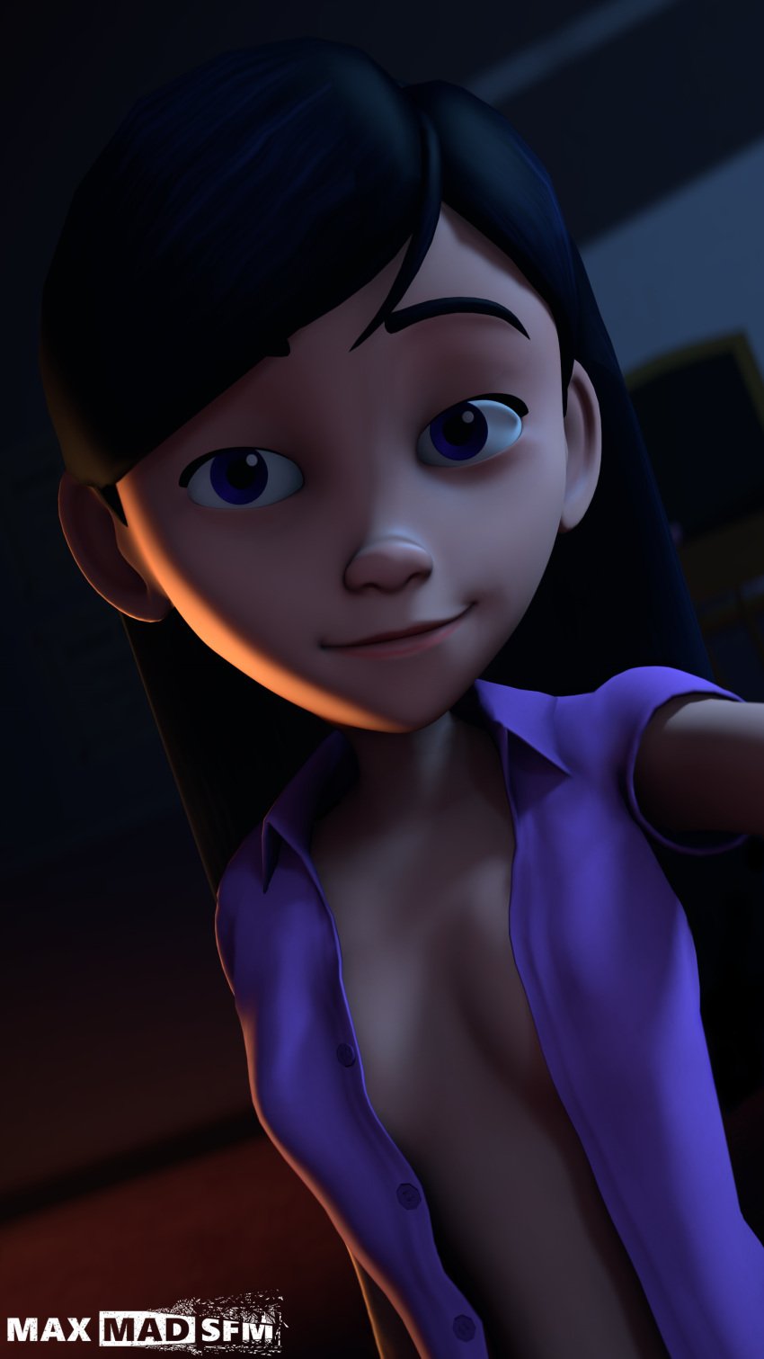 1girls 3d 3d_(artwork) breasts clothed disney female long_hair looking_at_viewer maxmadsfm pixar sfm smile smooth_skin solo source_filmmaker the_incredibles violet_eyes violet_parr