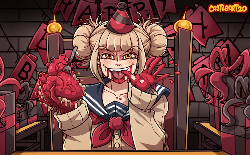 birthday birthday_cake birthday_gift birthday_hat birthday_party blood bloody_hands blush blushing_at_viewer cake castleart chair crazy_eyes evil_smile fangs female fork happy_birthday himiko_toga licking_fingers my_hero_academia pale-skinned_female pale_skin schoolgirl_uniform smiling smiling_at_viewer tongue tongue_out yandere yellow_eyes