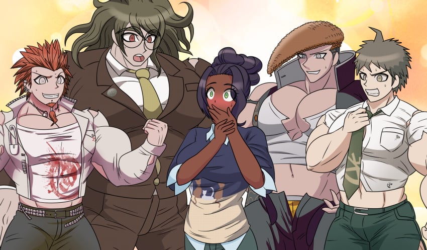 1girls 4boys absurd_res beard biceps black_hair blush brown_hair colored commission covering_mouth danganronpa danganronpa_2:_goodbye_despair danganronpa_v3 dark-skinned_female depraveddefense embarrassed female ginger ginger_hair glasses gokuhara_gonta green_eyes green_hair grey_eyes hazel_eyes heavy_blush hi_res hinata_hajime kuwata_leon large_breasts large_pectorals male man_boobs mondo_oowada moobs multiple_boys muscular muscular_male open_fly orange_background orange_hair original original_character pecs pompadour presenting red_eyes ripped_clothing solo_female straight straight_hair surprised sweat underwear visible_underwear