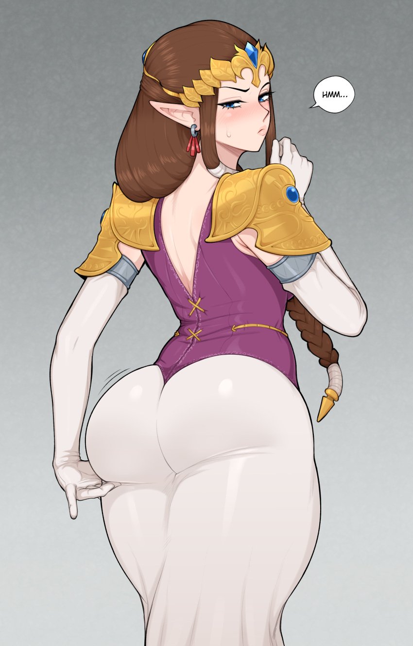 1girls absurd_res afrobull ass ass_in_dress ass_support big_ass blue_eyes blush brown_hair bubble_butt clothing dress earrings elbow_gloves female female_only female_solo fully_clothed gloves hi_res jewelry light-skinned_female light_skin long_hair looking_back low_ponytail nintendo pointed_ears ponytail princess_zelda solo sweatdrop the_legend_of_zelda tied_hair twilight_princess zelda_(twilight_princess)