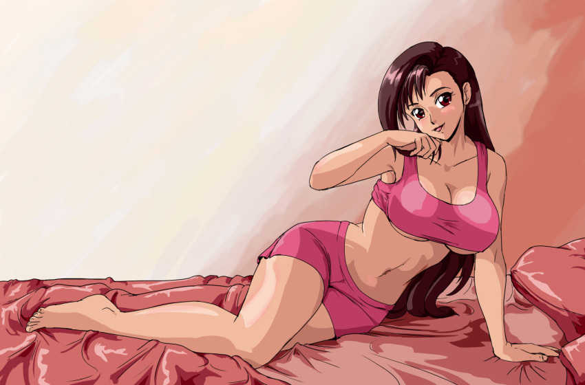 bed bedroom big_ass big_breasts big_butt breasts brown_hair female female_focus female_only final_fantasy final_fantasy_vii pink_sports_bra smile solo solo_female sports_bra sportswear suggestive_pose thighs tifa_lockhart voluptuous wbd wide_hips