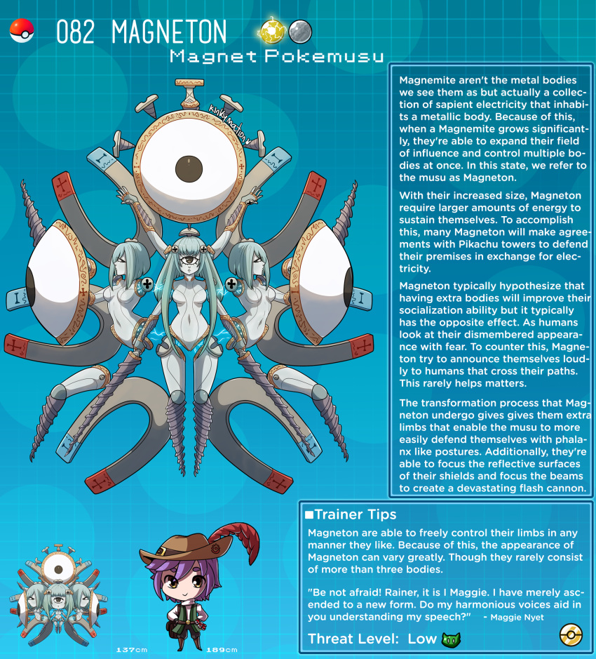 1boy 3girls creature_index cyclops english_text hi_res kinkymation magneton nintendo page_82 page_number personification pokémon_(species) pokemon pokemon-girl_encyclopedia pokemorph pokemusu profile rarecoil robot robot_girl robot_humanoid tagme text text_box