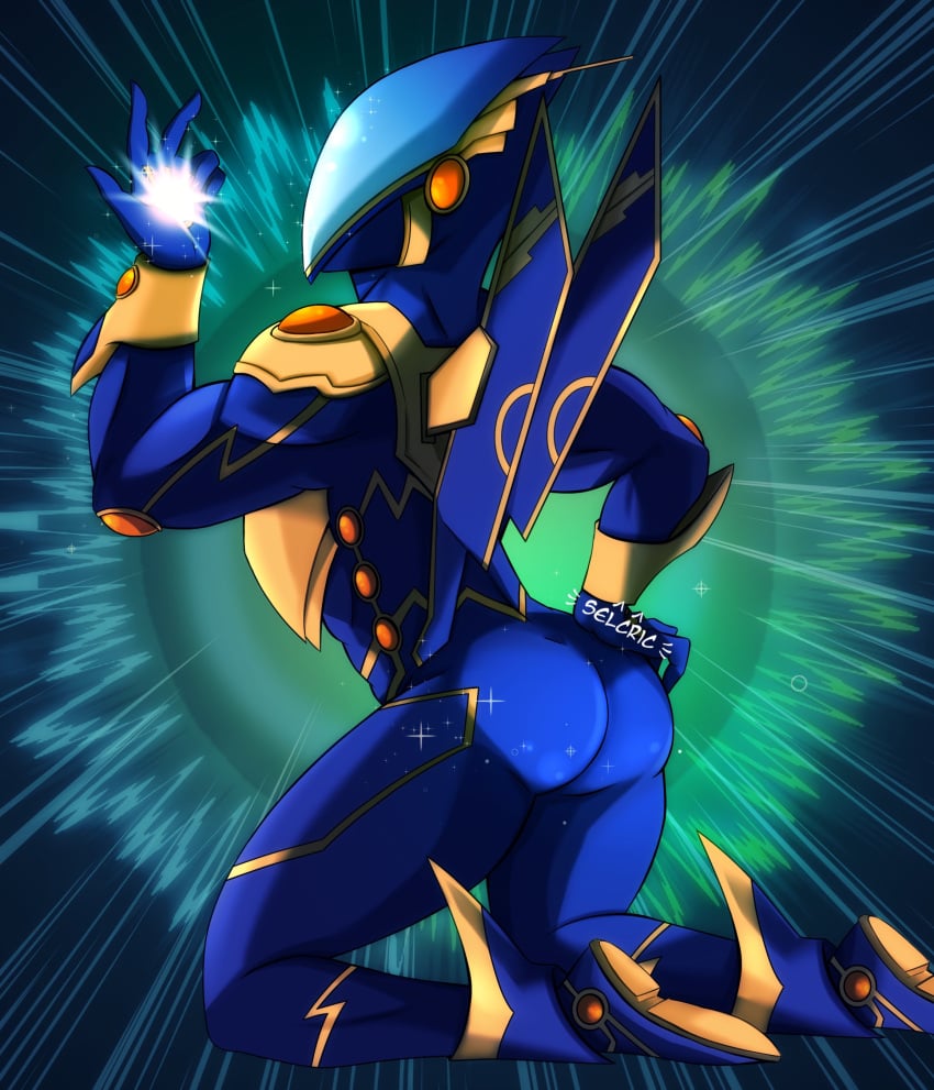 1boy 2020 ass ass_focus blue_body blue_butt butt_focus elemental_hero elemental_hero_sparkman kneeling male male_only selcric solo yu-gi-oh! yu-gi-oh!_gx