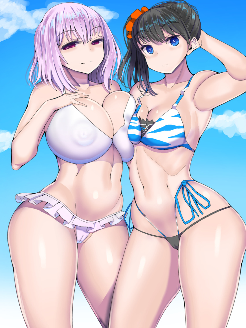 2girls adult_swim alternate_breast_size beach big_breasts bikini breast_press cleavage large_breasts looking_at_viewer multiple_girls nananana nipples_visible_through_clothing shinjou_akane ssss.gridman tagme takarada_rikka thighs toonami