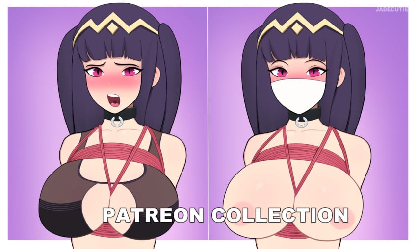 1girls bad_censor bangs between_breasts blush bondage bound censored cleavage cleavage_cutout collar covered_nipples covering femsub fire_emblem fire_emblem_awakening gag jadecutie large_breasts long_hair nintendo open_mouth pink_eyes purple_hair restrained rope solo tank_top tharja_(fire_emblem) violet_eyes