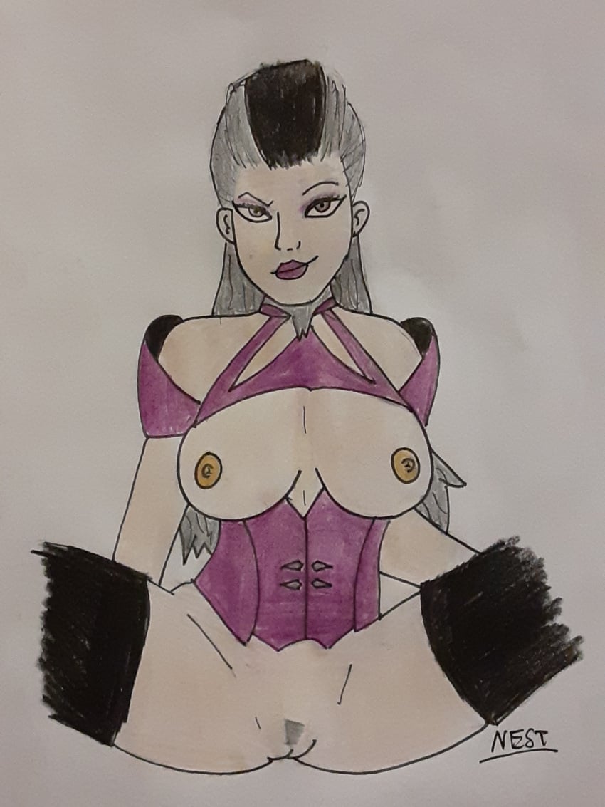 1girls 2020 2020s 2d breasts breasts_out female female_only looking_at_viewer milf mortal_kombat mortal_kombat_11 nestoperative sindel solo spread_legs tagme traditional_media_(artwork) white_hair