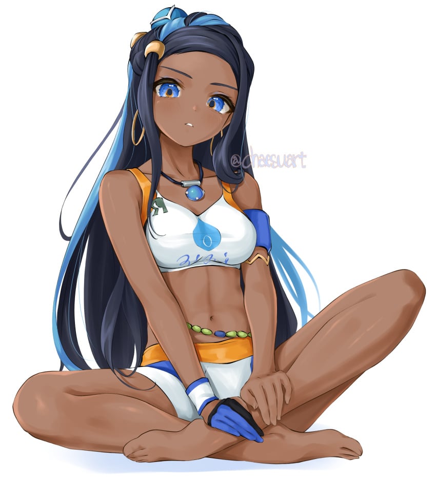 2020s 2021 abs armband bare_arms bare_legs bare_midriff bare_shoulders bare_thighs barefoot black_hair blue_eyes blue_hair blush breasts chaesu crop_top crossed_legs dark_skin dyed_hair full_body gloves gym_shorts hand_on_leg long_hair long_legs looking_at_viewer looking_down manga midriff multicolored_bottomwear nessa_(pokemon) open_mouth pokemon pokemon_ss short_shorts shorts sitting sitting_on_floor solo solo_female swimsuit swimwear tagme text_on_topwear tomboy two_tone_hair two_tone_topwear workout workout_clothes