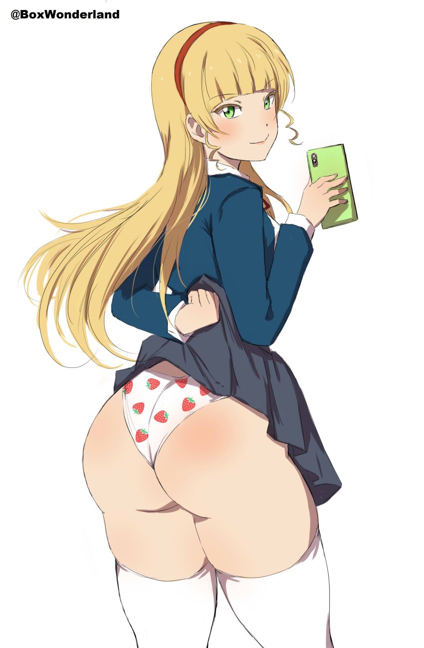 1girls ass ass_focus big_ass big_butt blazer blonde_hair blush bottom_heavy box_wonderland fat_ass female fully_clothed green_eyes grey_skirt heanna_sumire huge_ass large_ass legwear lifted_by_self long_hair looking_at_viewer love_live! love_live!_superstar!! panties phone school_uniform schoolgirl selfie skirt skirt_lift solo solo_female solo_focus strawberry strawberry_panties strawberry_print thick thick_ass thick_thighs thighhighs thighs white_background white_legwear white_thighhighs wide_hips