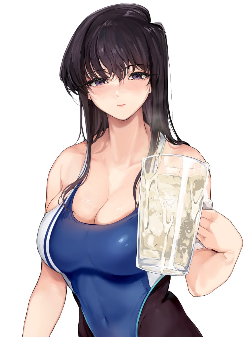 absurdres bangs black_hair blush breasts closed_mouth covered_navel cum_in_container cum_in_cup cup english_commentary eyebrows_visible_through_hair female glass gokkun highres holding holding_cup komi-san_wa_komyushou_desu komi_shouko large_breasts long_hair looking_at_viewer mamimi_(artist) mamimi_(mamamimi) pantyhose pantyhose_under_swimsuit purple_eyes shiny shiny_clothes simple_background smile solo stray_pubic_hair swimsuit white_background